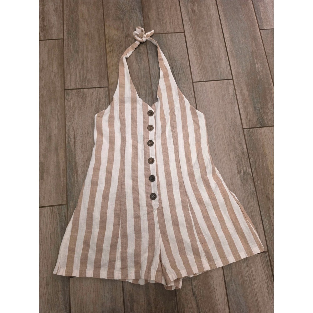 Tan White Striped Halter Romper Button Front Smocked Back Summer Sunsuit